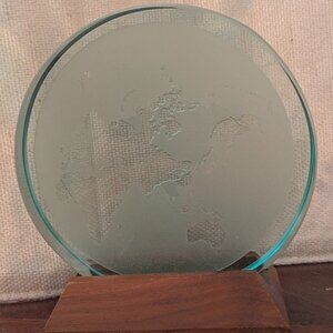 Frosted Glass Globe on Wood Base Etched World Map Desk Decor Paperweight